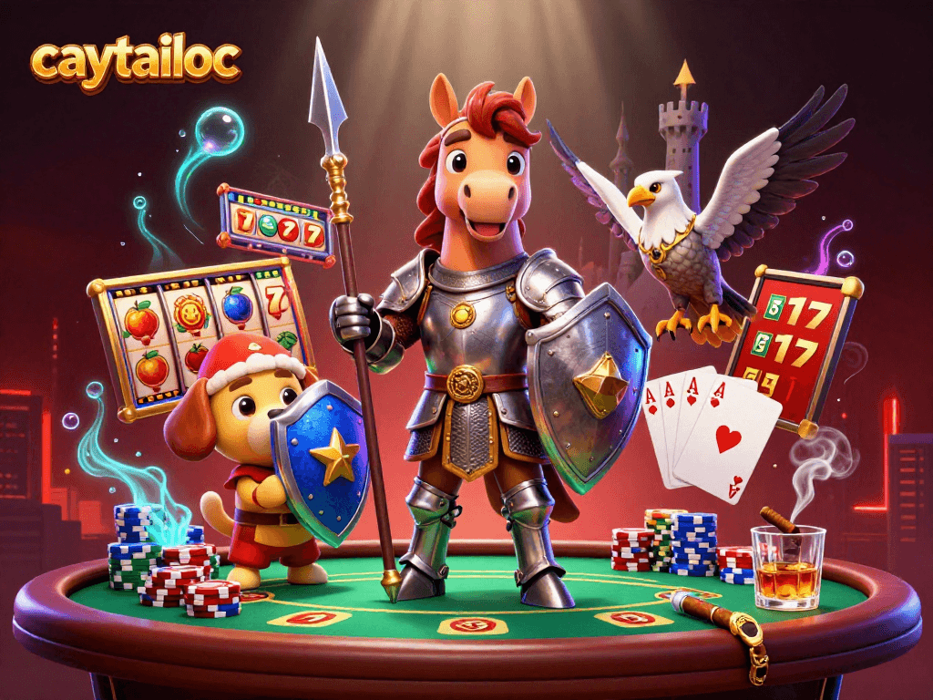 Spin to win on caytailoc with vibrant 3D characters and casino elements in a dynamic illustration.