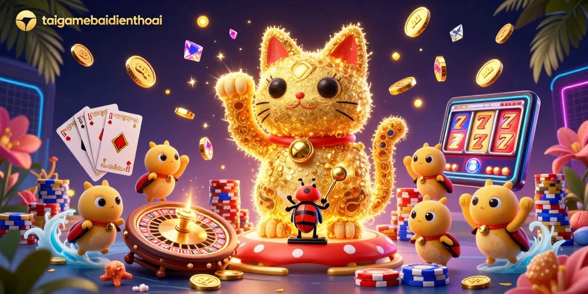 Experience gaming magic with taigamebaidienthoai as golden fireflies form a lively lucky cat amidst casino treasures.