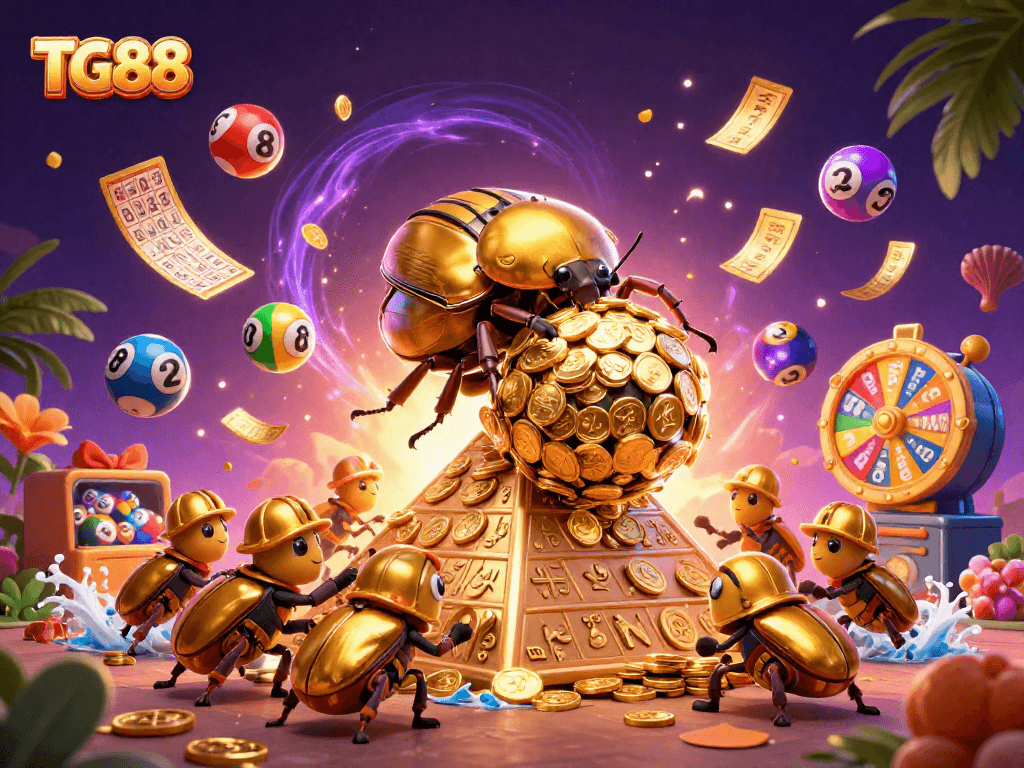 Experience big wins at TG88 with a vibrant 3D illustration of golden dung beetles and lottery elements.