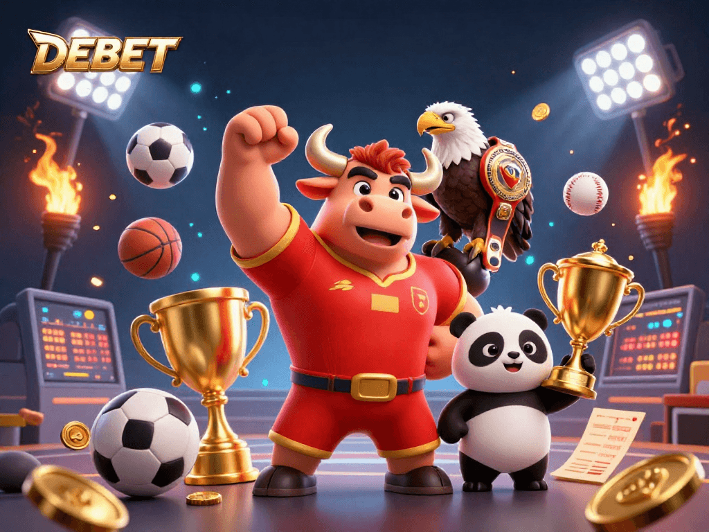 Experience winning moments with DEBET's vibrant 3D casino illustration featuring sports action.