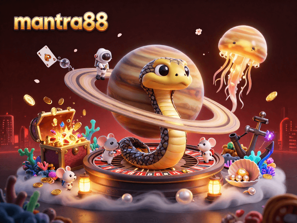Experience the excitement of mantra88 gaming with a 3D illustration of vibrant cosmic characters and elements.