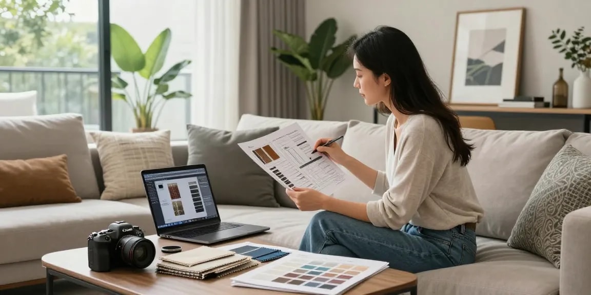Desainer interior berkolaborasi di living room modern dengan layanan https://decorserene.com/privacy-policy/ untuk dekorasi rumah yang elegan.