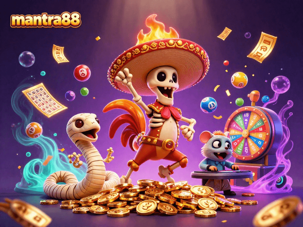 Experience the thrill at mantra88 with vibrant lottery elements and colorful characters in an energetic scene.