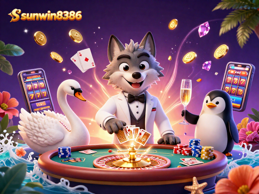 Experience excitement with sunwin8386 at a baccarat table featuring charming characters and dynamic casino elements.