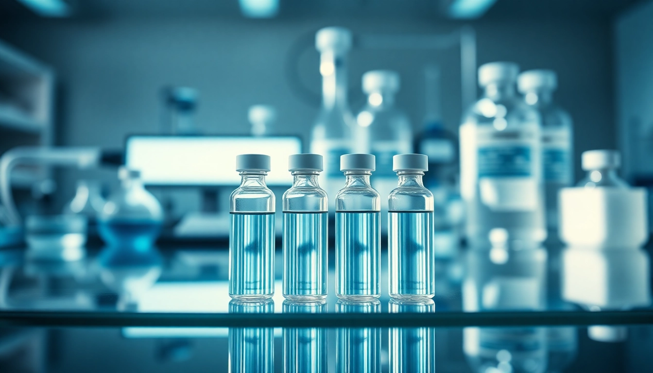 Showcasing premium research peptides in elegant vials, capturing a professional lab atmosphere.