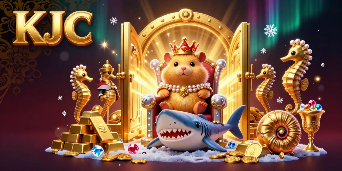 KJC gaming scene featuring a golden hamster king on a megalodon throne amidst treasure and sparkling gems.