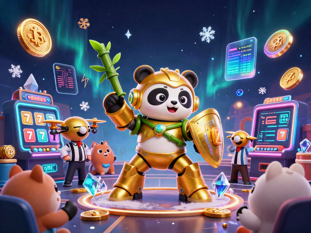 Participate in thrilling slot gaming with a golden panda mech-suit amidst glowing cryptocurrency and vibrant jackpots.
