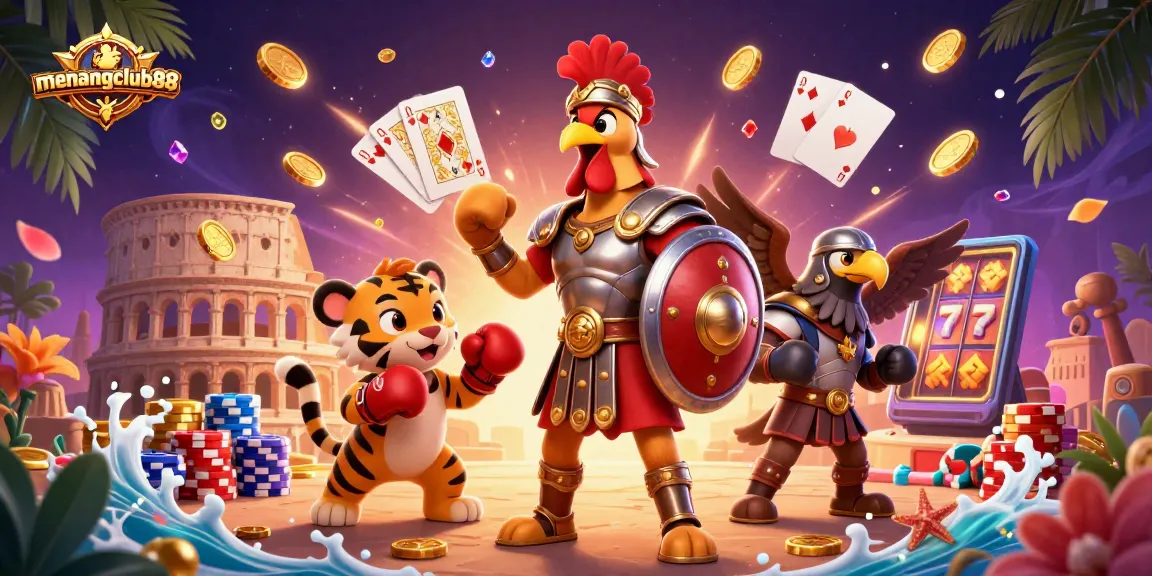Engage with menangclub88's vibrant gaming scene featuring a gladiator rooster and dynamic casino elements.