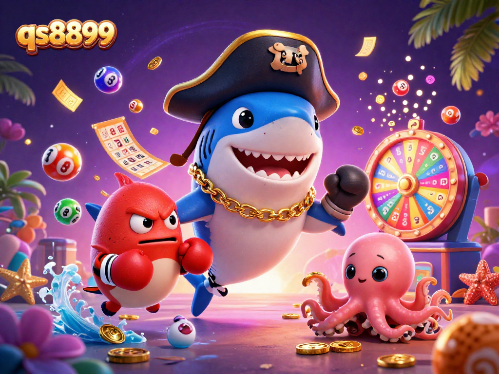 Engage with pages at qs8899 and explore vibrant lottery games featuring cartoon sharks and colorful balls.
