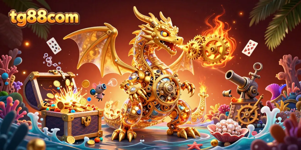 Tg88com players winning fortunes as a golden dragon breathes gears amidst a dynamic casino environment.
