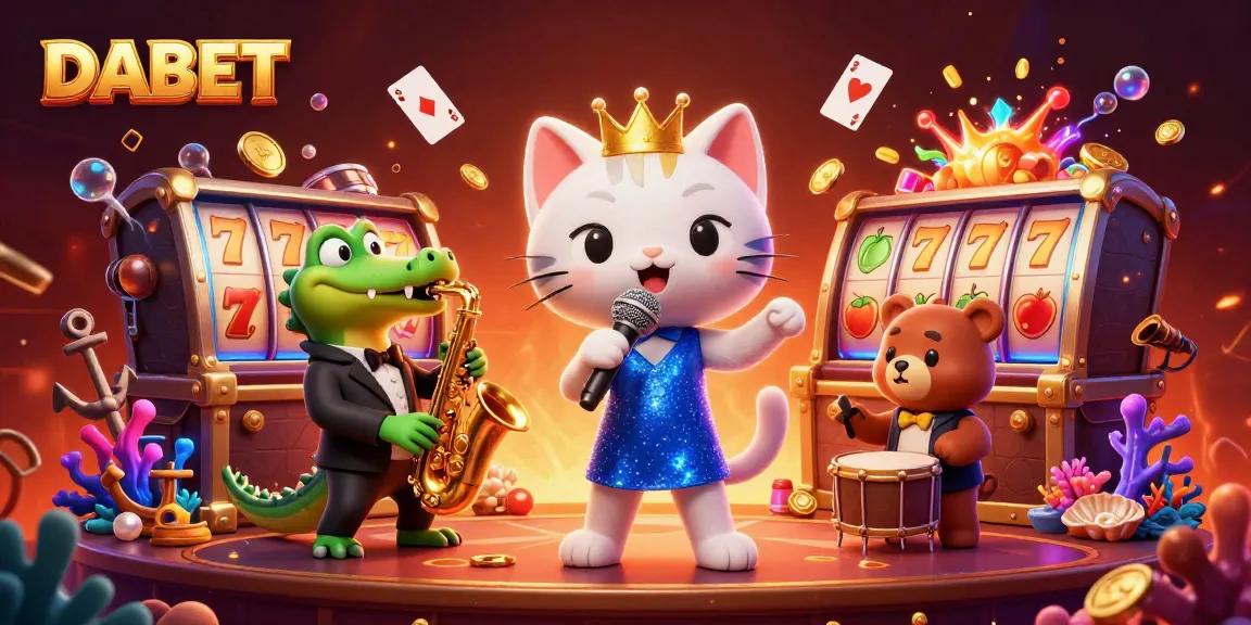 DABET brings excitement with a jazzy cat, crocodile, and bear in a vibrant casino scene.