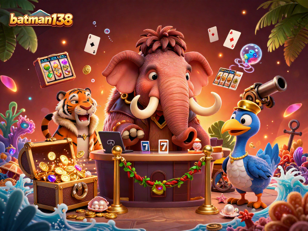 Win big at batman138 with a vibrant online casino scene featuring a woolly mammoth bouncer and vibrant game elements.