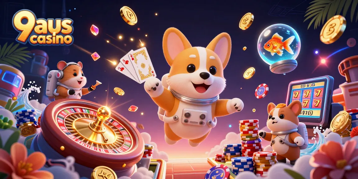 Engage in action at 9aus casino with a vibrant scene of floating characters and dynamic gaming elements.