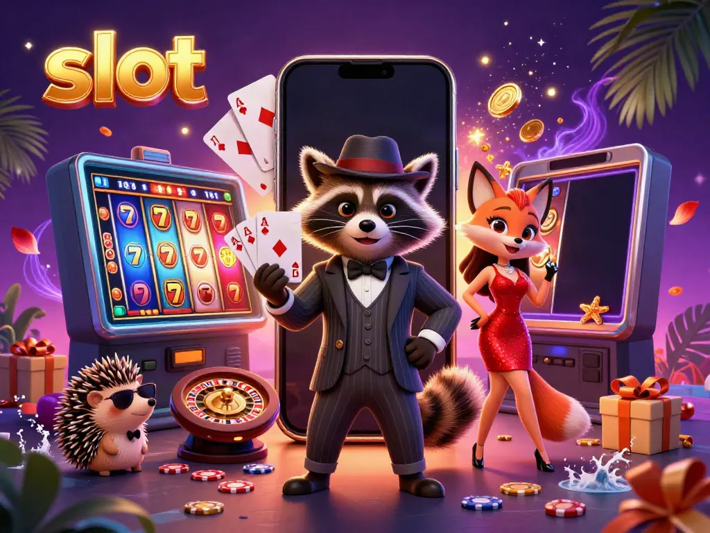 Rasakan keseruan permainan slot dengan rakun kartun, rubah cantik, dan landak pengawas di latar tropis.