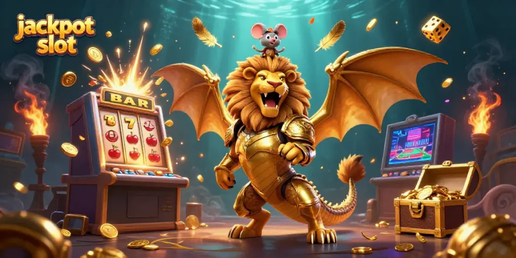 Experience the excitement of jackpot slot gameplay with a vibrant, 3D cartoon scene of a chimera bursting with winning symbols and golden coins.