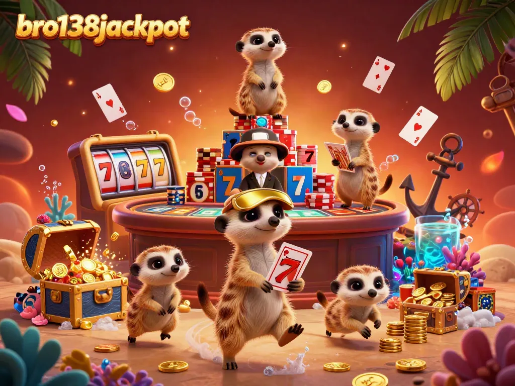 Engage with the vibrant bro138jackpot casino scene featuring meerkats, slot reels, and gold coins.