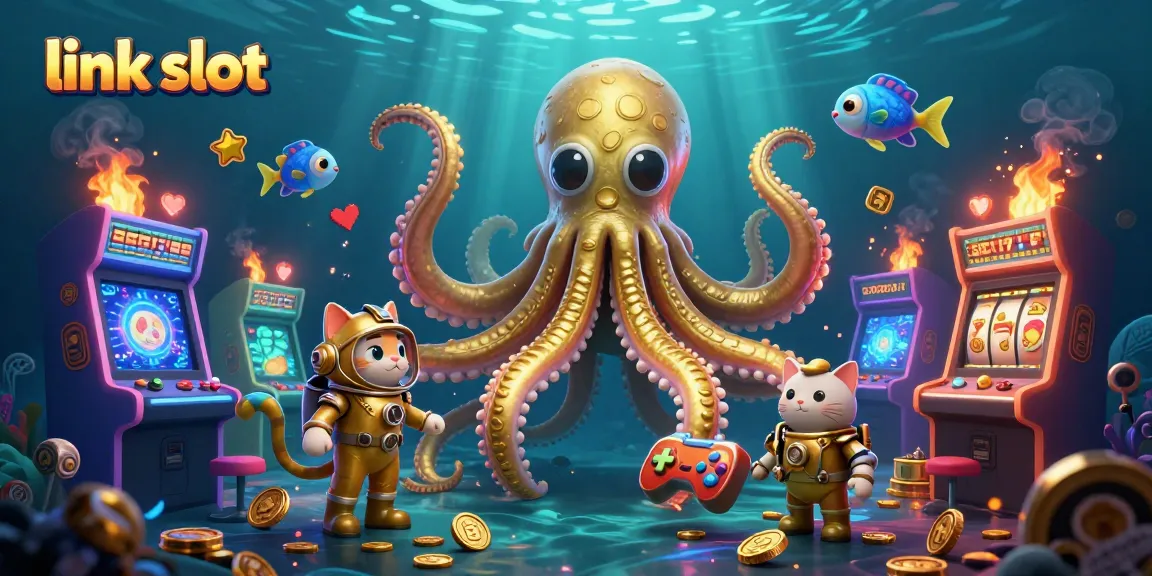 Spin the link slot alongside a colossal kraken, diving cat, and arcade game elements in this vibrant casino scene.