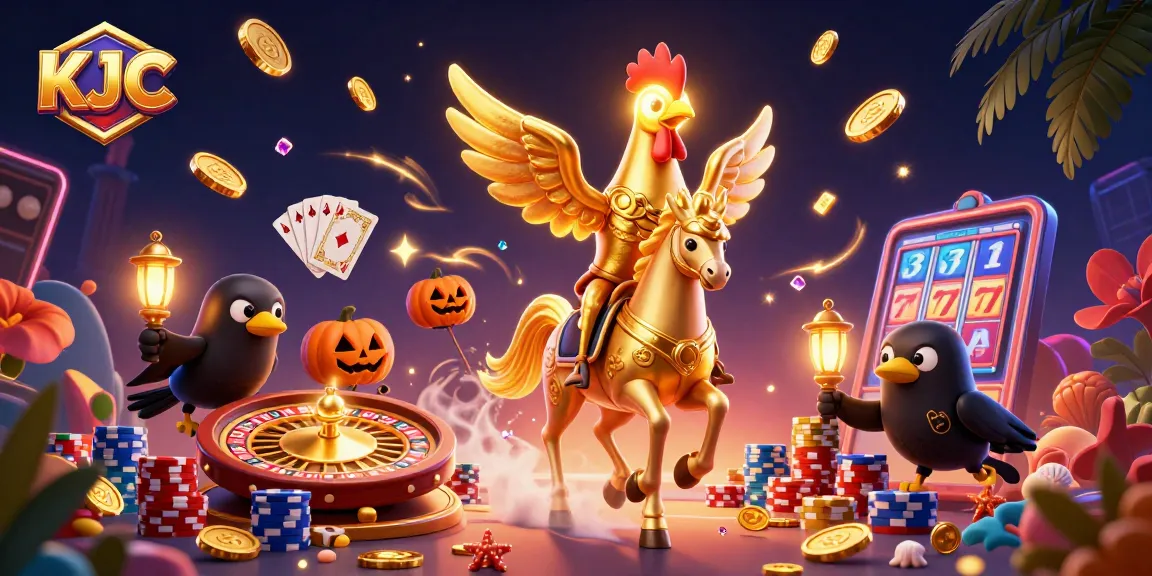 KJC provides an exhilarating casino experience with a captivating 3D scene featuring a golden rooster riding through a vibrant midnight casino.