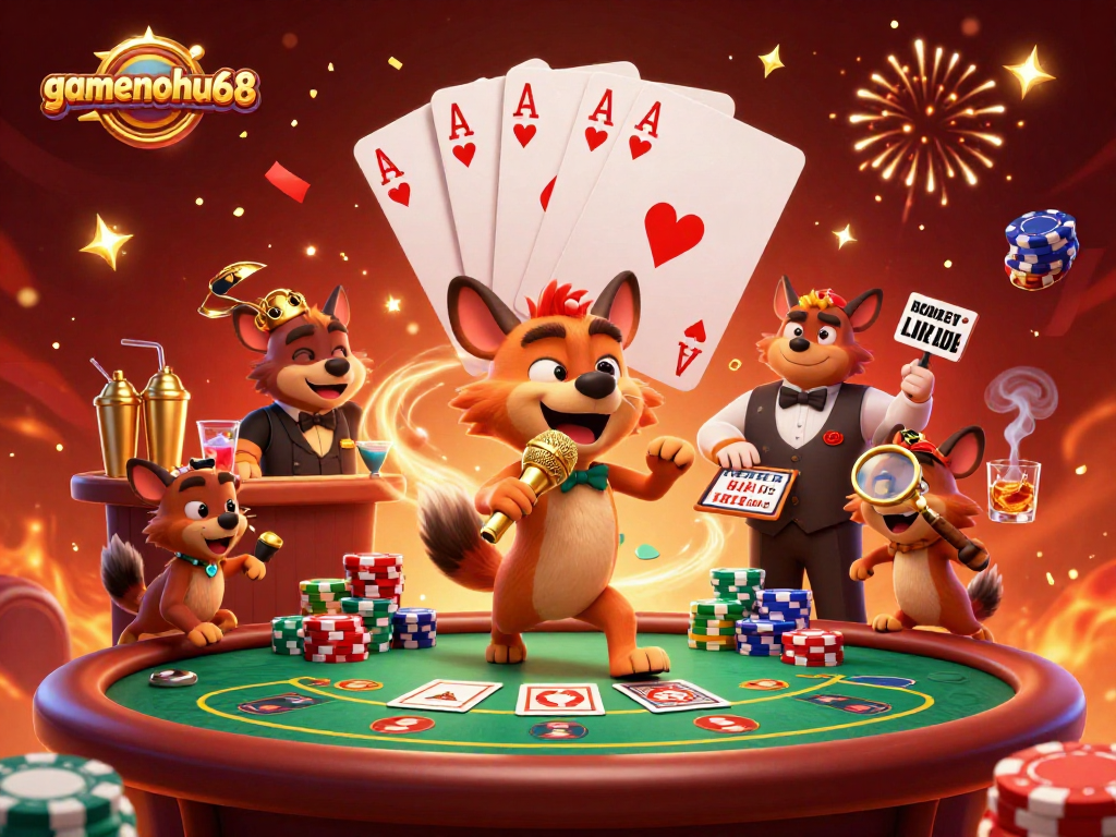 Experience the comedic vibe at gamenohu68 with hyenas hosting a lively casino scene.