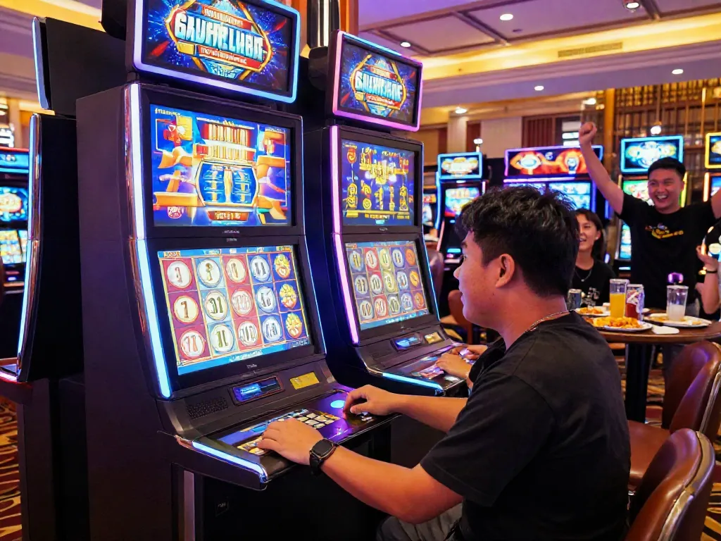 Engaging slot gacor experience at a vibrant casino with excited players and colorful machines.
