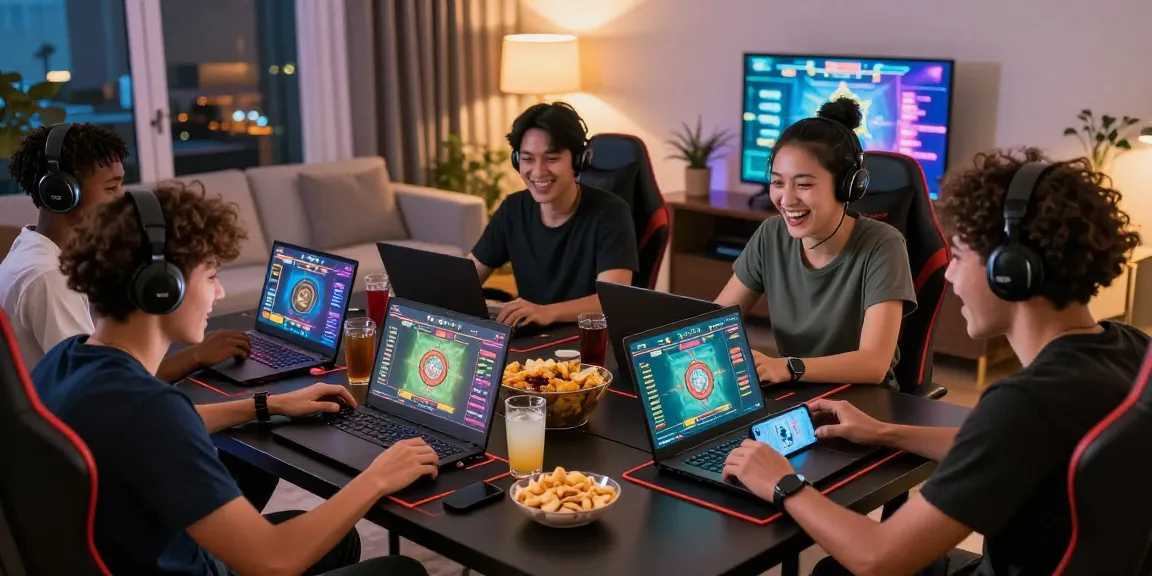 Dewatogel online gaming experience with friends enjoying a lively Togel game in a modern living room.