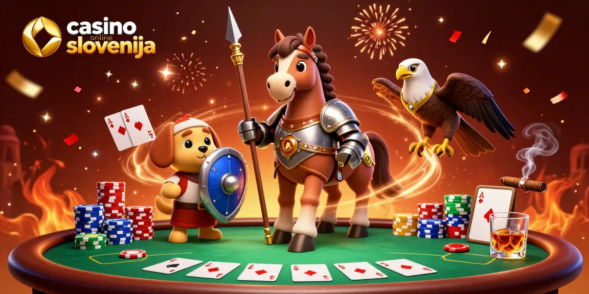 Aktivno igranje v spletnih igralnicah Slovenija z vitezi, poker mizo in praznovanjem.