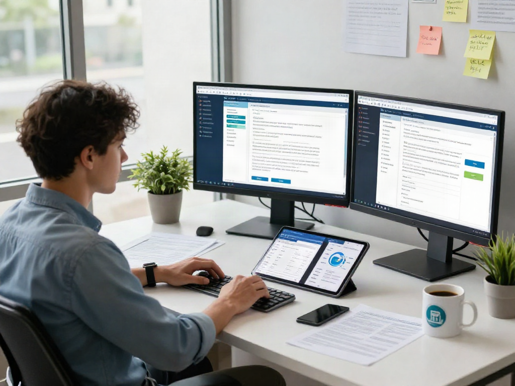 Data analyst using document fraud detection software in a modern office workspace with multiple monitors and analytics dashboards.