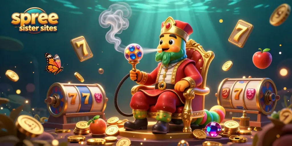Experience the excitement of spree sister sites with this vibrant 3D casino illustration filled with slot game elements.