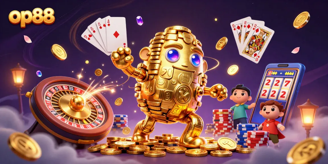 Spin and win at op88 with a golden golem surrounded by cascading coins and casino elements.