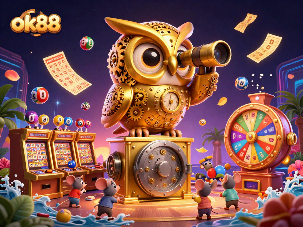 Experience excitement at ok88 with a dynamic casino scene featuring a golden owl, wind-up mice, and lottery elements.