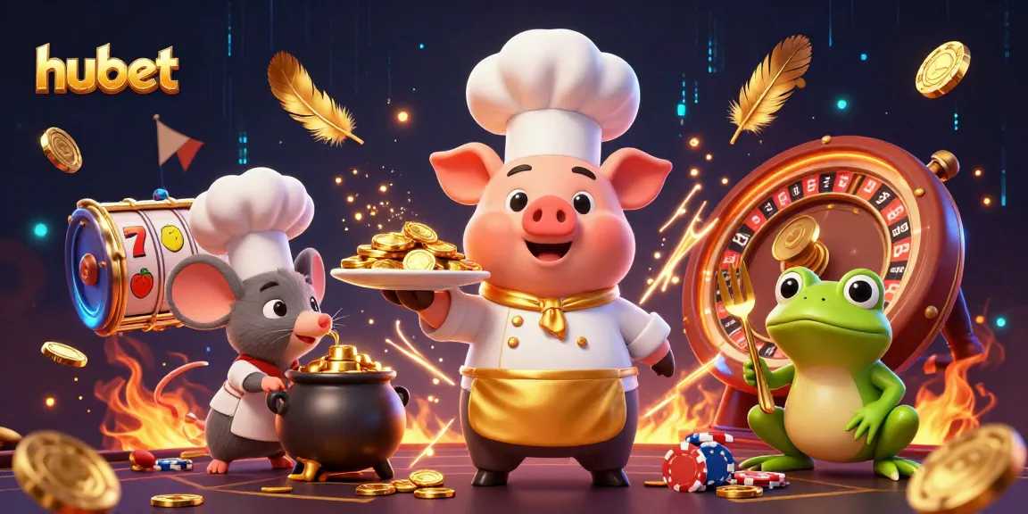 hubet casino chefs serve gold coins in an ultra-detailed 3D illustration