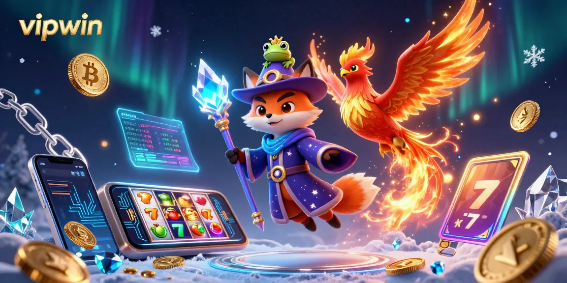 Engage with vipwin's magical 3D illustration featuring a wizard fox and vibrant casino elements.