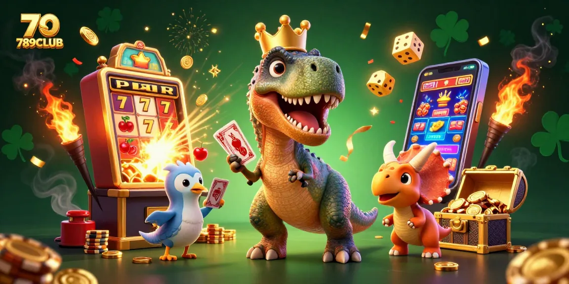 789CLUB's thrilling scene with a T-Rex shuffling cards and a slot machine bursting with coins.