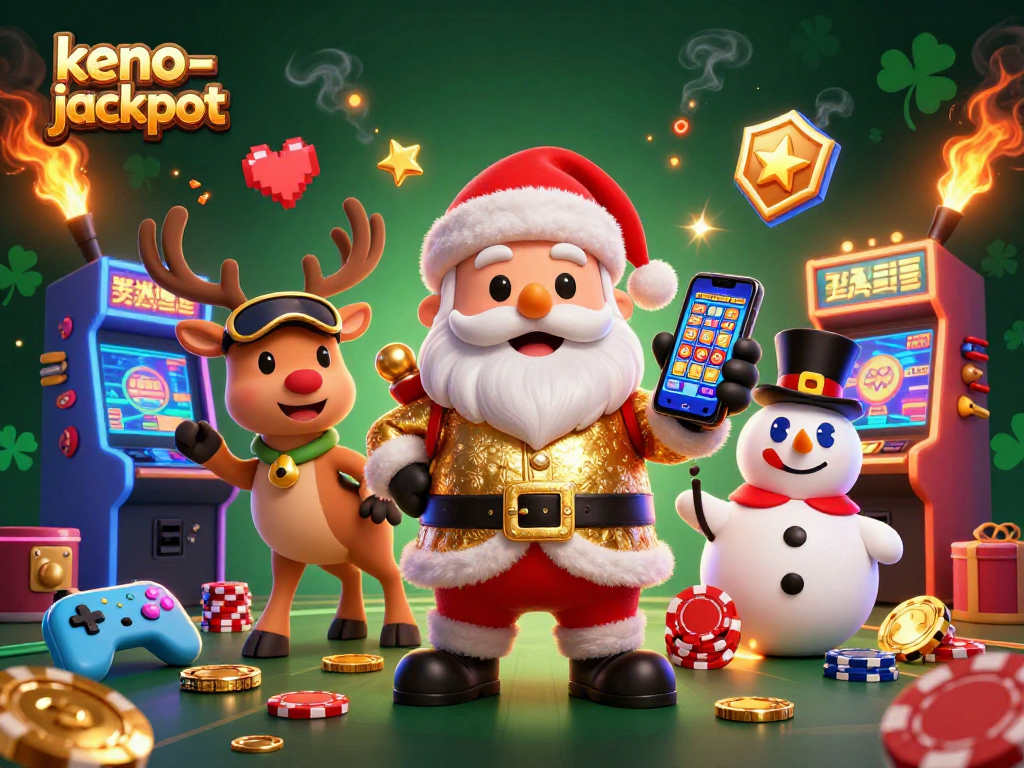 Experience the thrill of keno-jackpot with animated festive characters in a vibrant casino scene.