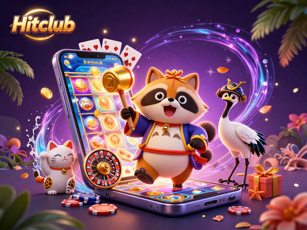 Hitclub brings luck with a colorful slot game and cheerful festival characters in this vibrant scene.