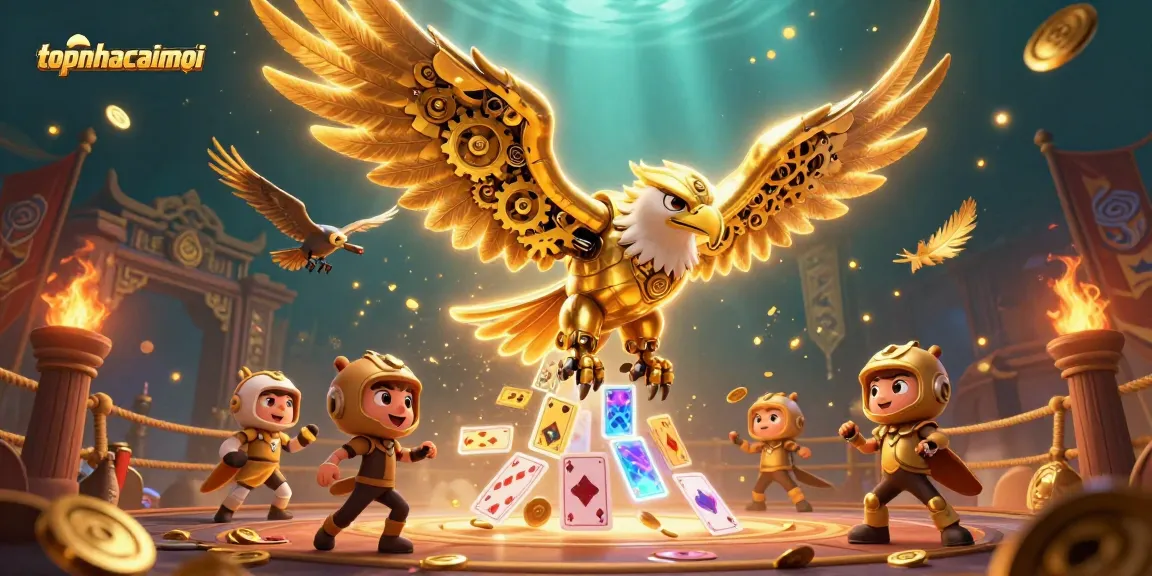 Experience the thrill of topnhacaimoi with a dynamic 3D illustration of a cybernetic golden eagle amidst gambling elements.