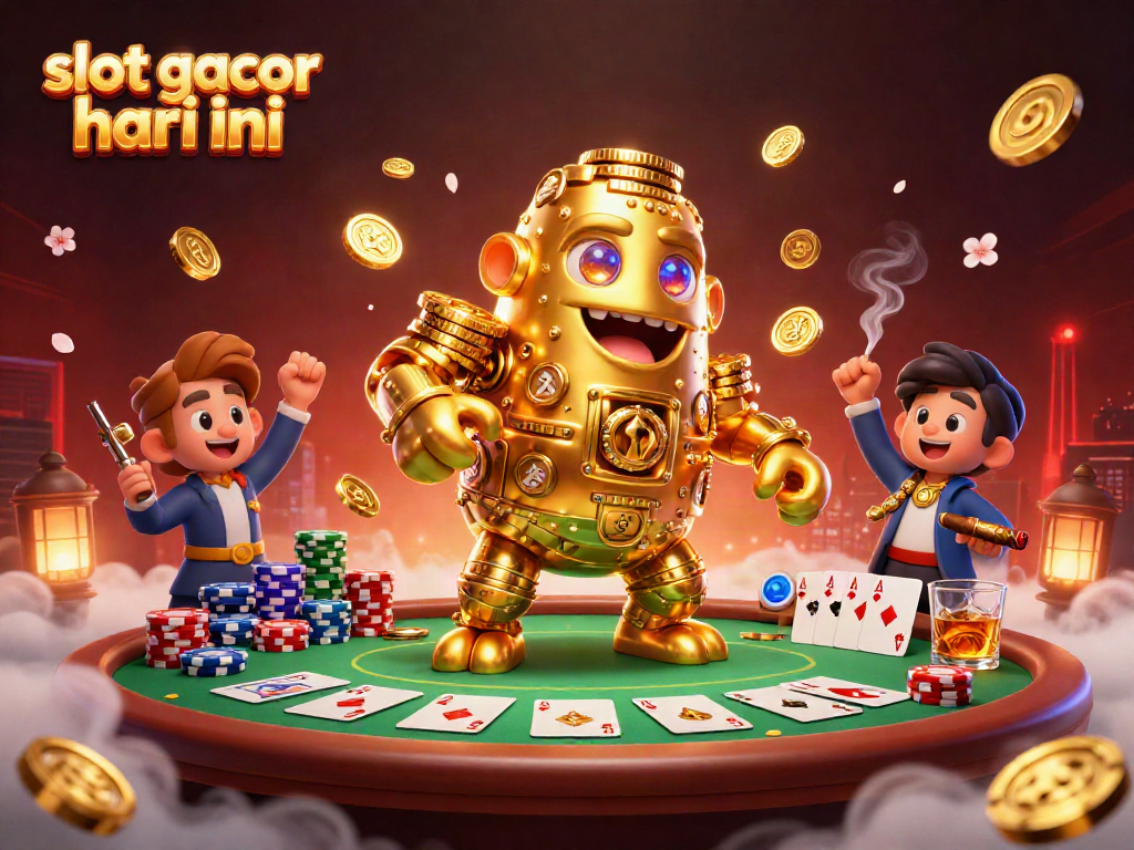 Ilustrasi 3D menampilkan slot gacor hari ini dengan karakter golem emas dikelilingi elemen kasino.