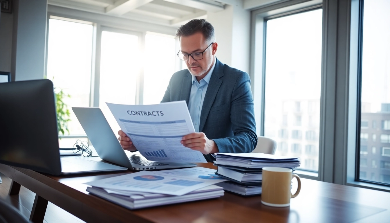 Streamlined contract management process showcasing a professional analyzing contracts.
