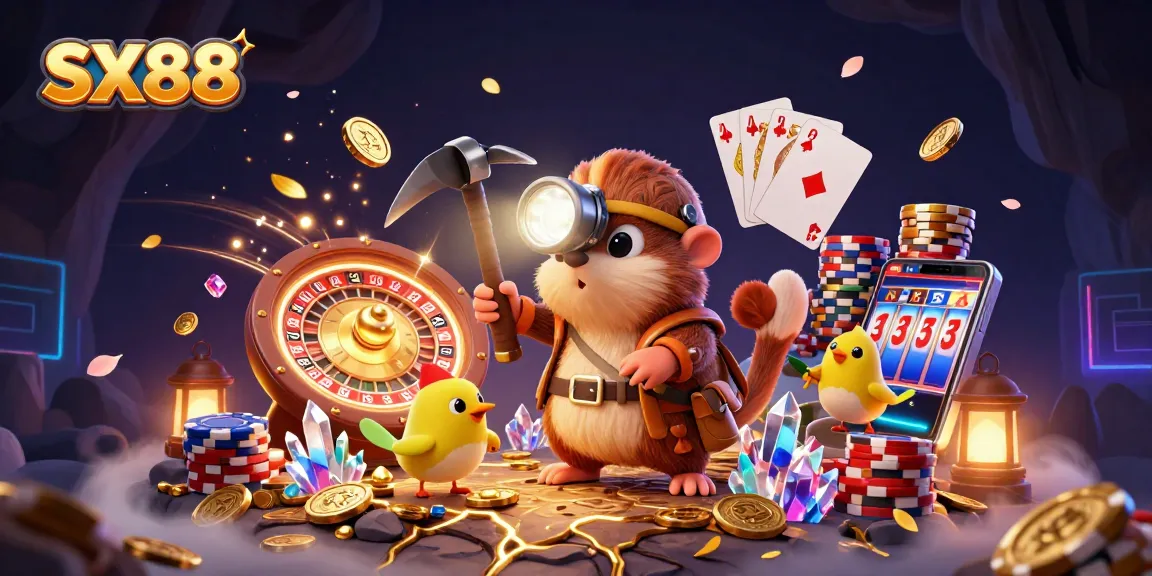 SX88 casino gaming scene with a treasure hunter mole and canary, surrounded by gold coins and roulette wheels.