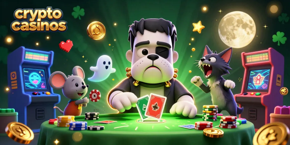 Jouez sur des crypto casinos avec une illustration dynamique d'un monstre bulldog et un chaton loup.