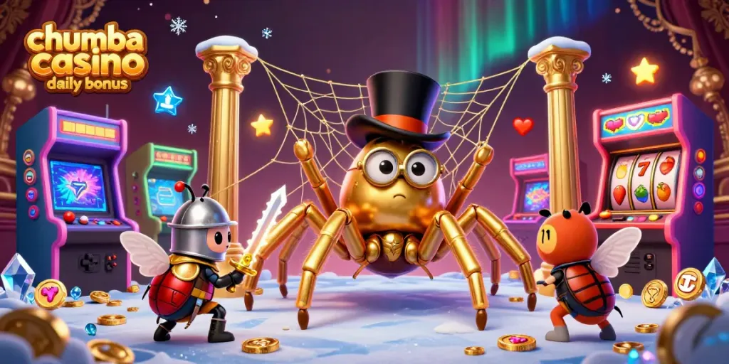 Claim your chumba casino daily bonus with exciting visuals of a giant tarantula and heroic beetle knight!