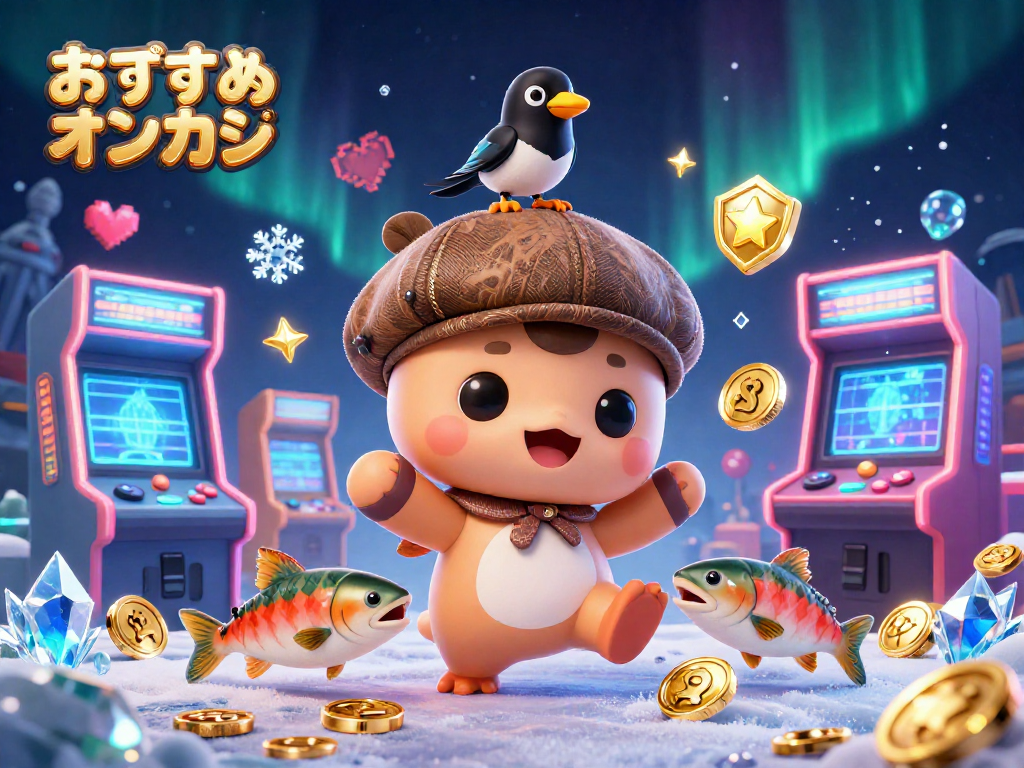 おすすめオンカジを活用して、スロットやゲームを楽しむキャラクターたちを描いたシーン。