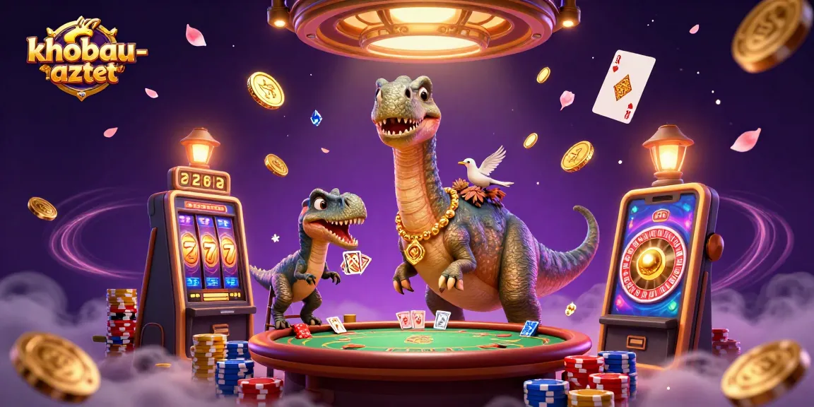 Engage with khobau-aztec's winning strategies featuring a giant brontosaurus in a vibrant casino scene with sparkling gems.