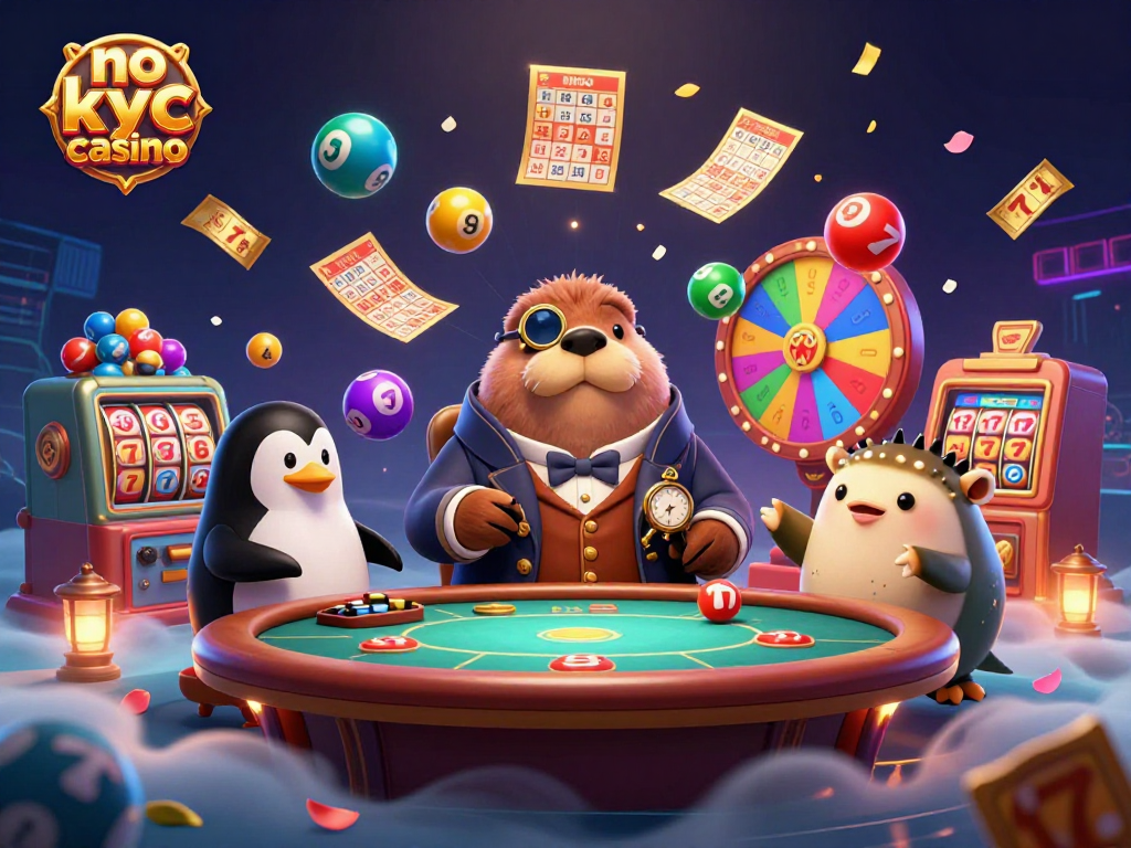 No KYC Casino scene with a walrus and dynamic game elements engaging in poker.