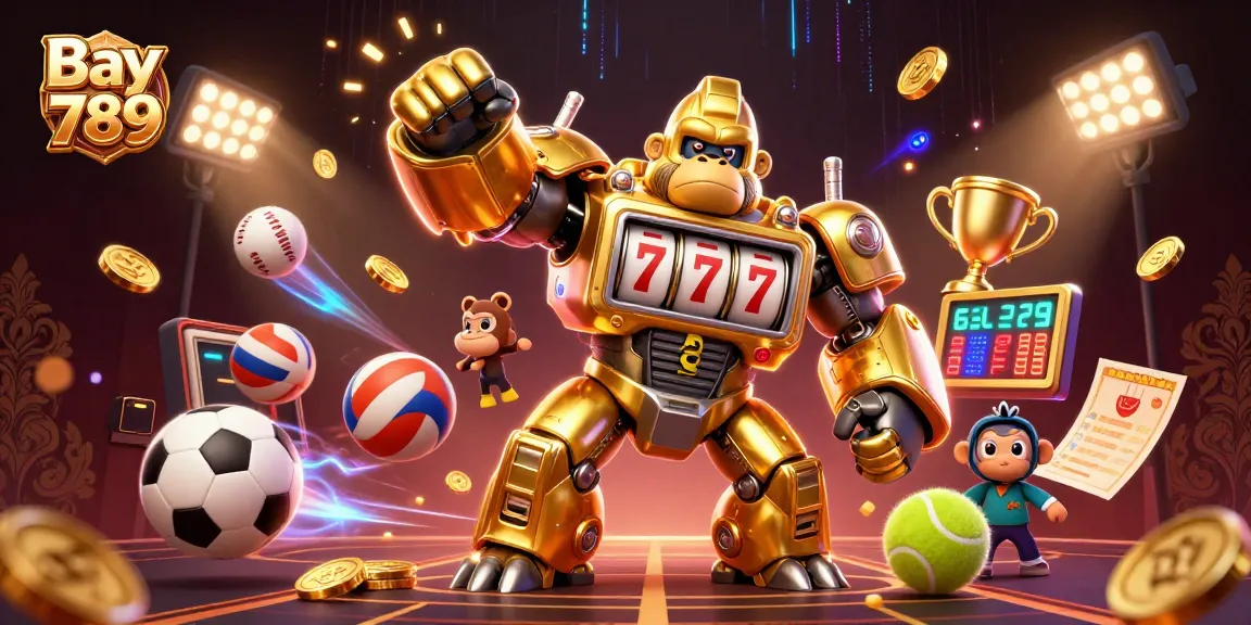 Experience thrilling gameplay at Bay 789 with a dynamic scene of a golden mech and sports elements.