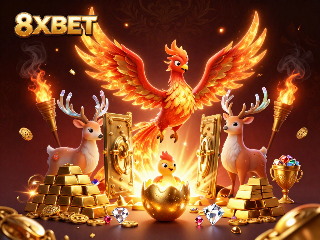 Engage in thrilling gaming experiences with 8XBET, featuring phoenixes, treasure, and casino elements.
