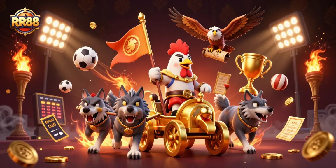 Experience thrilling gameplay at RR88 with a dynamic scene featuring a rooster warlord, sports elements, and vibrant gaming action.