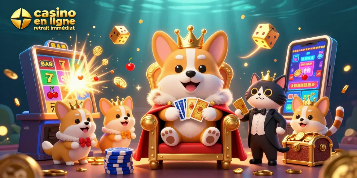 Retrouvez le casino en ligne retrait immédiat avec cette illustration dynamique de corgi royal entouré de machines à sous et de symboles de chance.