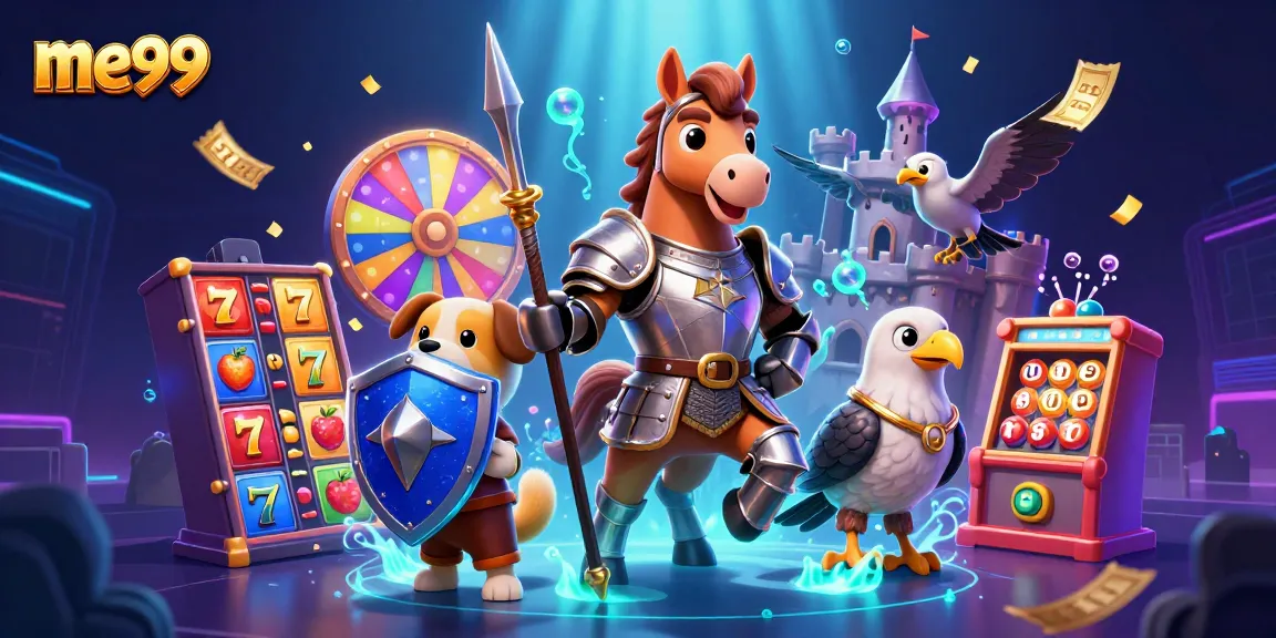 Spin the reels at me99 while enjoying a thrilling 3D cartoon scene of a knight, squire puppy, and falcon.