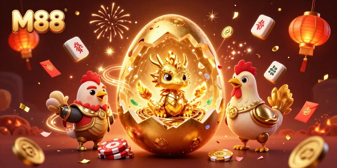 M88 showcases a golden dragon emerging from a nest of poker chips amidst festive elements.